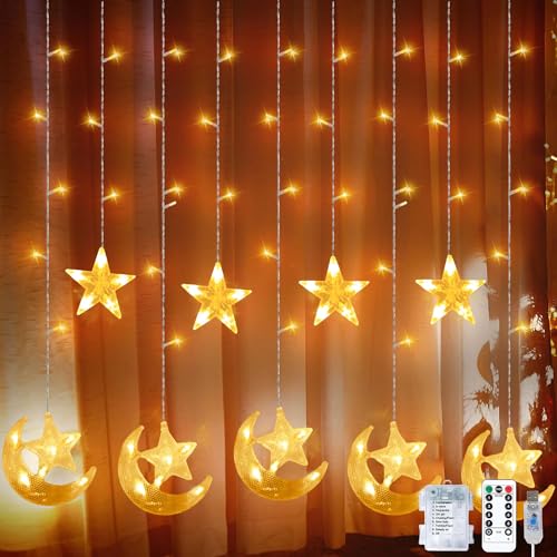 Sunshine smile Lichterkette Mond Sterne,Ramadan Licht Stern Mond Lichterketten,138 LED Star Moon Vorhang Lichterkette,8 Modi Lichtervorhang USB & Batterie Betriebene mit Fernbedienung von Sunshine smile