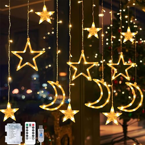 Sunshine smile Lichterkette Mond Sterne,Ramadan Licht Stern Mond Lichterketten,138 LED Star Moon Vorhang Lichterkette,8 Modi Lichtervorhang USB & Batterie Betriebene mit Fernbedienung von Sunshine smile