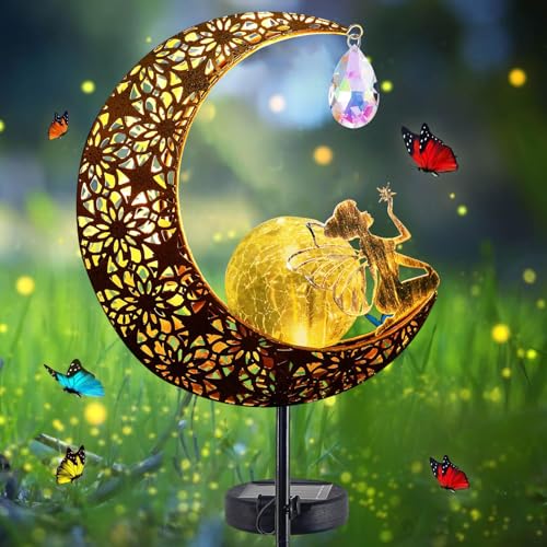 Sunshine smile Mond Solarleuchten Garten,Freien Solarlampe,LED Glaskugel Gartenleuchte,Gartendeko für Hof Rasen,Elfe Blumenfee Solarleuchte,Solarleuchte mit Erdspieß,Metall Mond Solar Gartenleuchte von Sunshine smile