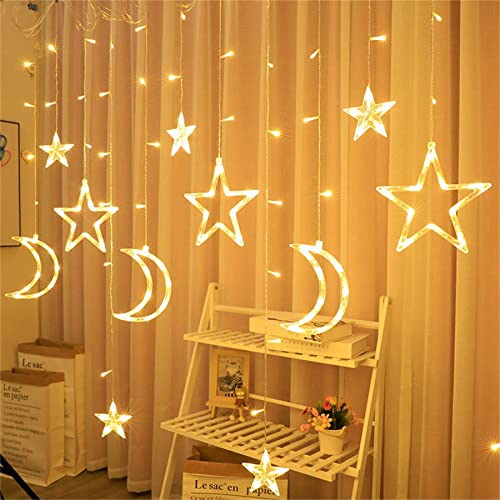 Sunshine smile Stern Lichterkette Lichtervorhang,4.2m LED Lichterkette Sternenvorhang,LED Sterne Mond Vorhang Licht,LED Lichterkette Mond,Vorhang Schnur Licht,LED Vorhang Lichter von Sunshine smile