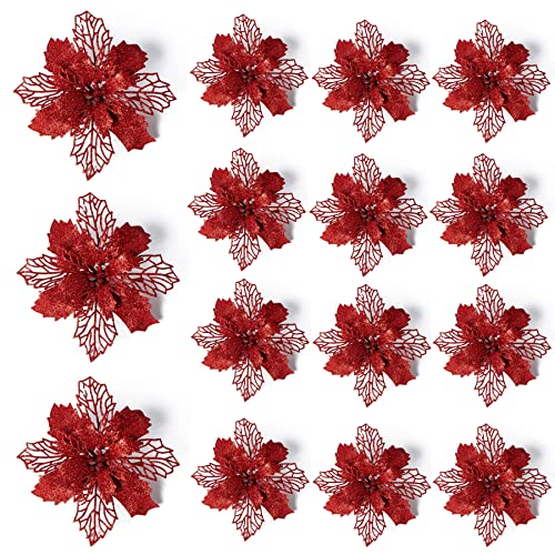 Sunshine smile Weihnachtsblume,15 Stück Weihnachten Blumen,Weihnachtsblumen Künstlich,Glitter Poinsettia,Weihnachten Glitzer Künstliche Weihnachtsstern,Weihnachtsbaumschmuck Ornament(Rot,16 cm) von Sunshine smile