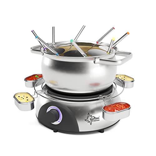 SUNTEC Fondue elektrisch für bis zu 8 Personen – Set mit Gabeln + Spritzschutz + Saucen Halterung – Als Raclette Alternative – Topf für Käse + Schokolade + Fett – Edelstahl Fondueset FON-8014 V2A von Suntec Wellness