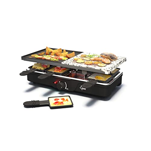 SUNTEC Raclette Grill RAC-8212 evolution – Elektro Tischgrill für 8 Personen – 8 Pfannen + 8 Spatel als Zubehör Set – Doppelseitige Grillplatte + Steinplatte – Mini Grill für den Tisch mit 1400 Watt von Suntec Wellness