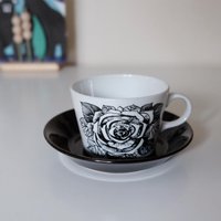 Arabia Musta Ruusu Black Rose Vintage Kaffeetasse, Teetasse Und Untertasse, Keramik Geschirr, Esteri Tomula, Kaj Franck von Suntori