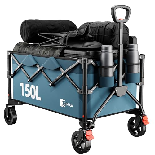 SUNULA Bollerwagen Faltbar Tragkraft 120KG, Klappbarer Handwagen mit EIN-klick-Handgriff & 4-seitig zusammenfaltbar, Geländegängig Räder mit Bremsen 150L, Grün SUNULA Bollerwagen Faltbar Tragkraft 120KG, Klappbarer Handwagen mit EIN-klick-Handgriff & 4-seitig zusammenfaltbar, Geländegängig Räder mit Bremsen 150L, Grün von Sunula
