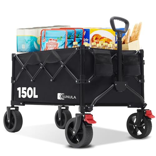 SUNULA Bollerwagen Faltbar Tragkraft 120KG, Klappbarer Handwagen mit EIN-klick-Handgriff & 4-seitig zusammenfaltbar, Geländegängig Räder mit Bremsen 150L, Schwarz von Sunula