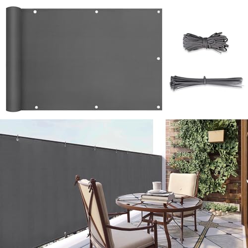 Sunula Balkon Sichtschutz Blickdicht 90x300cm, Balkonverkleidung Windschutz Ohne Bohren Wetterfest, PES Balkonsichtschutz mit Nylon Kabelbinder und Kordel, Patentierte Reißfeste Ösen, Anthrazit von Sunula