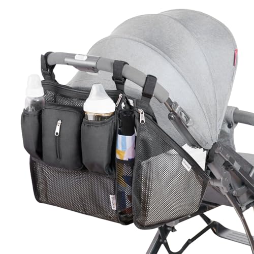 SUNVENO Universeller Kinderwagen-Organizer mit Getränkehaltern, großes Fassungsvermögen für Baby-Utensilien, abnehmbare Reißverschlusstasche, seitliche Schlaufe, Cargo-Netz, Schwarz, 2 Stück von Sunveno