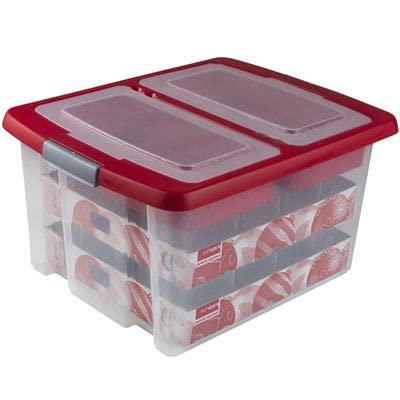SUNWARE Nesta Weihnachtsbox 32 Ltr mit Tabletts für 32 Weihnachtskugeln (Ø70-80mm)- transparent/rot von Sunware