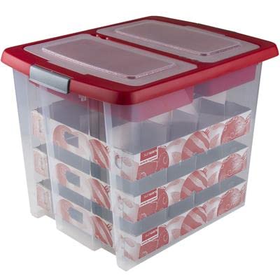 SUNWARE Nesta Weihnachtsbox 45 Ltr mit Tabletts für 48 Weihnachtskugeln (Ø70-80mm) - transparent/rot von Sunware