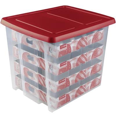 SUNWARE Nesta Weihnachtsbox 45 Ltr mit Tabletts für 64 Weihnachtskugeln (Ø70-80mm)- transparent/rot von Sunware