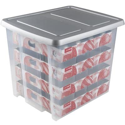 SUNWARE Nesta Weihnachtsbox 45 Ltr mit Tabletts für 64 Weihnachtskugeln (Ø70-80mm)- transparent/silber von Sunware