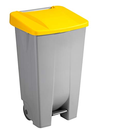 Sunware Basic Abfalleimer 60 Liter - 49 x 38 x 70 cm - mit Rädern/Fußpedal/Handgriff - grau/gelb von Sunware
