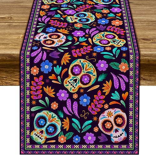 Dia De Los Muertos Tischläufer Cinco de Mayo Rustikales Leinen, mexikanischer Zuckerschädel Tag der Toten, Altar-Dekoration für Zuhause, Küche, Esszimmer (33 x 274,3 cm) von Sunwer