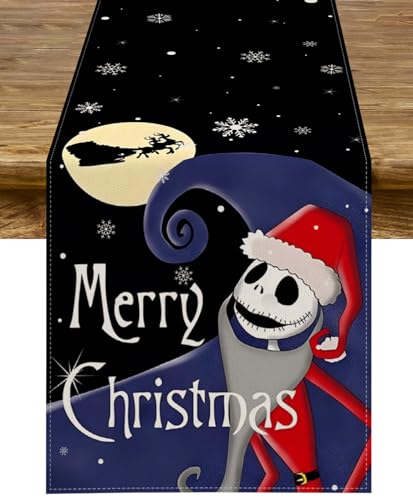 Sunwer Tischläufer mit Aufschrift "Merry Christmas", "The Nightmare Before Christmas", Dekoration, Jack Skellington, Geburtstagsparty, Zuhause, Küche, Esszimmer, Dekoration, 183 cm lang von Sunwer