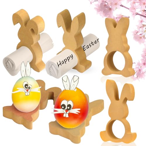 6 Hasen Holz Eierbecher Lustig Hase Tischdekoration Zu Ostern Dekoration, Ostereier Ständer Eierhalter, Serviettenringe Holz Perfekt Für Brunch Und Frühstück von Sunwuun