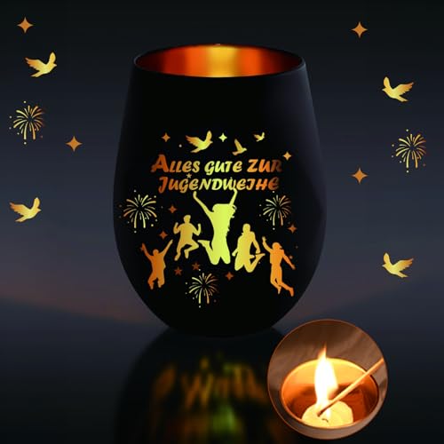 Geschenk zur Jugendweih, Windlicht mit Gravur Jugendweihe Deko, Alles Gute zur Jugendweihe, Schwarz Gold Teelichthalter Geschenke für Junge und Mädchen, Geeignet für Teelichter Kerzen von Sunwuun