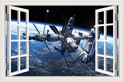 Wandaufkleber Sternenhimmel Satellit Raumstation Landschaft 3D Wandaufkleber Effekt Falschfenster Hauptschlafzimmer Dekoration Aufkleber Wandbild 60 * 90Cm(24 * 36Inch) von Sunxciast