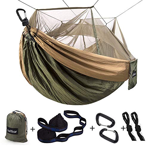 Einzel- und Doppel-Camping-Hängematte mit Moskito-/Insektennetz, tragbare Outdoor-Hängematte für 2 Personen, 3 m lange Hängematten-Baumgurte und 2 Karabiner, einfach einzurichten von Sunyear