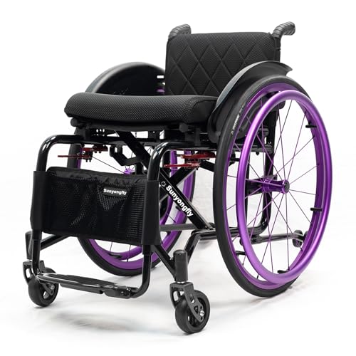 Sunyongfly Leichter Sportrollstuhl Faltbarer Stummfilmrollstuhl Stabiler All-Terrain-Rollstuhl Aluminium-Rollstuhl Geeignet für Jugendliche, Erwachsene, Senioren(Seat Width 38cm,Purple (A)) von Sunyongfly