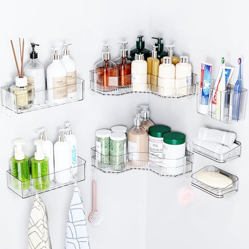 SUOXING Selbstklebende Eck-Duschablagen, 100 % rostfreies Acryl, Duschregale für Innendusche, großes Fassungsvermögen, Kunststoff, Wandmontage, Badezimmer-Dusch-Organizer mit 8 Haken, kein Bohren SUOXING Selbstklebende Eck-Duschablagen, 100 % rostfreies Acryl, Duschregale für Innendusche, großes Fassungsvermögen, Kunststoff, Wandmontage, Badezimmer-Dusch-Organizer mit 8 Haken, kein Bohren von SuoXing
