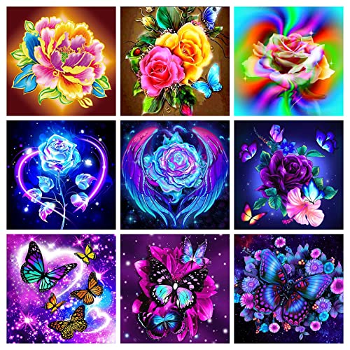 SupLetsico Diamond Painting Erwachsene Set, 9 Stück 5D Diamond Painting Bilder Blumen Full Drill Crystal Set, für Hauswand Dekoration (Blumen & Schmetterling, 30 x 30 cm) von SupLetsico