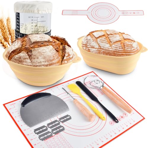 SupRovare Sauerteig Starter Set mit 2 Gärkörbchen, 1000ml Sauerteig Glas mit Spatel, Komplettset Backzubehör, Brot Backen Zubehör, Gärkorb, Brotbackzubehör, Teigschneider Dänischer Teigbesen von SupRovare