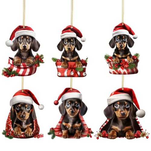 6 Stück Hunde Weihnachtsschmuck 2023, Lustiger 2D Acryl Dackel-Christbaumschmuck Ornament zum Aufhängen für Tür, Auto-Rückspiegel, Fenster, Rucksack, Geschenk für Hundeliebhaber von Supatmul