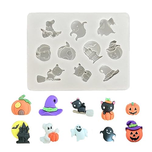 Halloween Backform Silikonform 10 Mulden Halloween-Geist-Kürbis Hexehut Schokoladenform Pralinenform Silikon Bakcform für DIY Halloween Schokolade, Süßigkeiten, Gelee von Supatmul