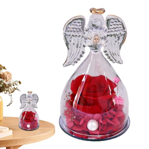 Supatmul Ewige Rose mit Engel Figur, klare romantische Engelsfigur aus Glas mit handgefertigter konservierter Rose im Inneren, Engelsstatuen-Geschenke, Engel aus Glas mit konservierter Rose von Supatmul