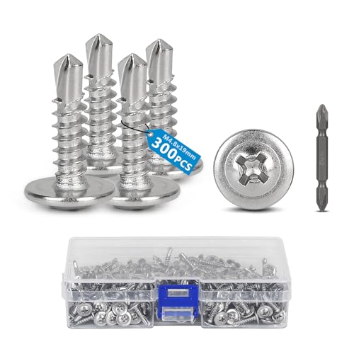 SUPAWAY 300 Stk M4,8 x 19 mm Selbstschneidende Schrauben Edelstahl Flachkopf Bohrschrauben Senkkopf mit Bits Phillips Rundkopf Bohrschrauben Trapezblechschrauben für Blech, Aluminium, Holz,Kunststoffe von Supaway
