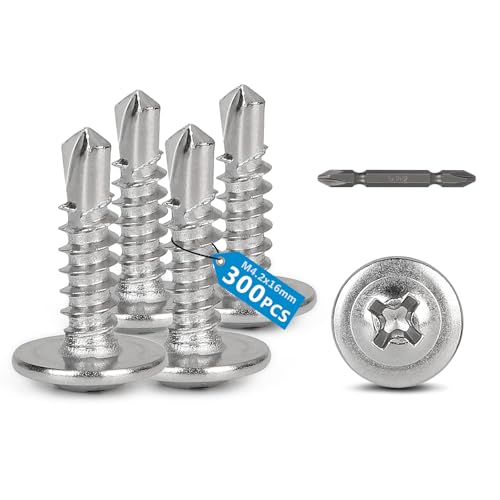 SUPAWAY 300 Stück M4,2 x 16 mm Blechschrauben 410 Edelstahl Flachkopfschrauben Bohrschrauben Senkkopf mit Bits Phillips Rundkopf Bohrschrauben Silber Holz, Plastik & Blechschrauben Selbstschneidend von Supaway