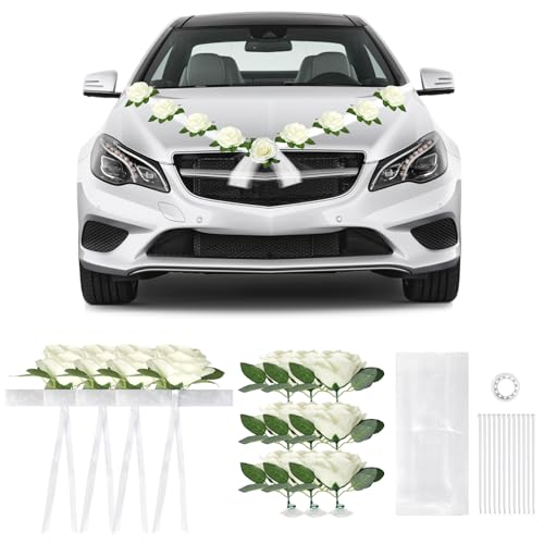 SUPAWAY Motorhaube Hochzeitsauto Dekoration Weiß Autoschmuck Hochzeit Blumen,Auto Hochzeitsschmuck Set für Meisten Automodelle mit 13 Rosen mit Saugnäpfen & 2x1,6m Tüll, 12 Kabelbinder und 1 Klebeband von Supaway