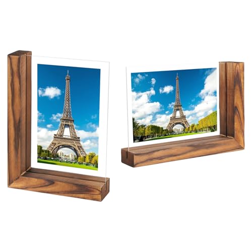 SUPAWAY 2er Set Fotorahmen Vintage Holzsockel Bilderrahm L Formen MDF-Sockel Photo Frame mit 2 Doppelseitig Transparent Acryl Plastfolies für 10x15cm Fotos Tischaufsteller (Horizontal+Vertikal), Braun von Supaway
