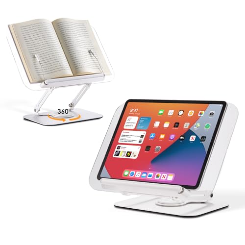 SupeDesk Buchständer, verstellbarer Buchhalter Leseständer mit 360° drehbarer Aluminiumlegierungsbasis,stabiler Präsentationsständer für Tablet,Laptop,tragbarer Kochbuchhalter im minimalistischen Stil von SupeDesk