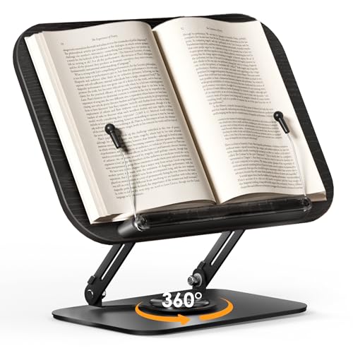SupeDesk Buchständer zum Lesen, verstellbarer Buchhalter mit 360° drehbaren Basis, faltbaren Designs und elastischen Clips, multifunktionaler Präsentationsständer für Rezept, Kochbücher, von SupeDesk