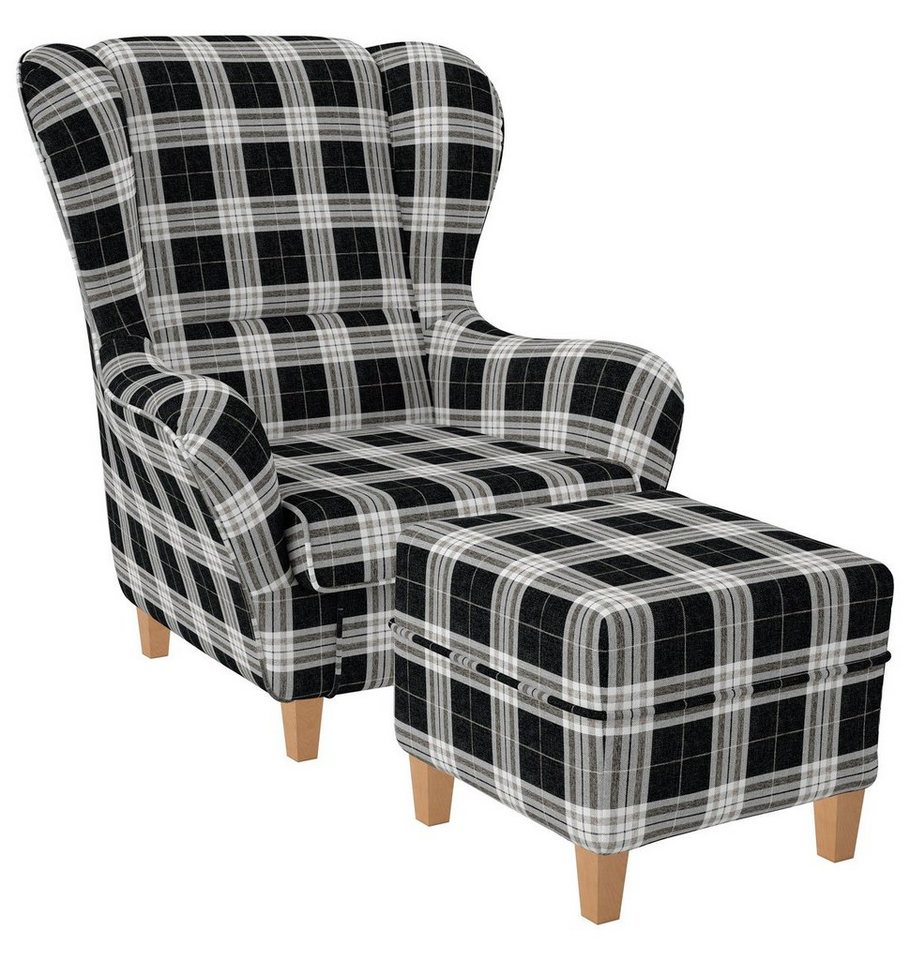 Supellex Ohrensessel Sofia, Relaxsessel mit Hocker, Design Oxford, kariert von Supellex