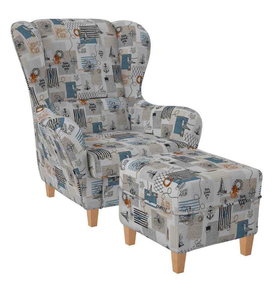 Supellex Ohrensessel Sofia, Relaxsessel mit Hocker, Design Patchwork Côte D'Azur von Supellex