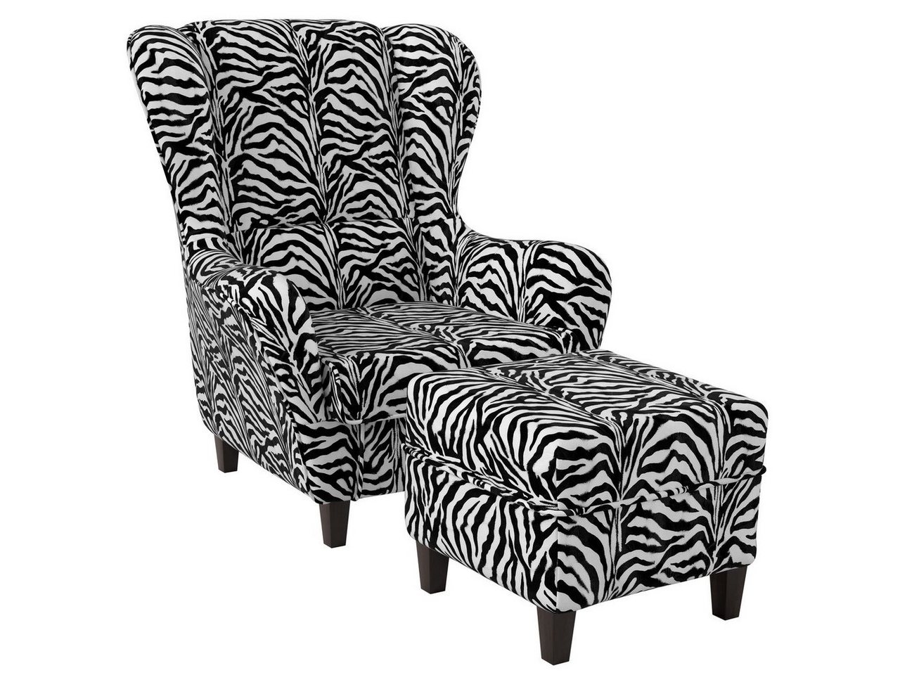 Supellex Ohrensessel Sofia, Relaxsessel mit Hocker, Design Tierfellimitat, Zebra von Supellex