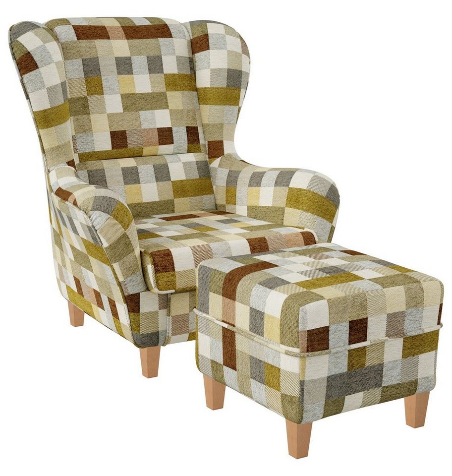 Supellex Ohrensessel Sofia, Relaxsessel mit Hocker, Design WPatchwork, kariert, Beige-Ocker von Supellex