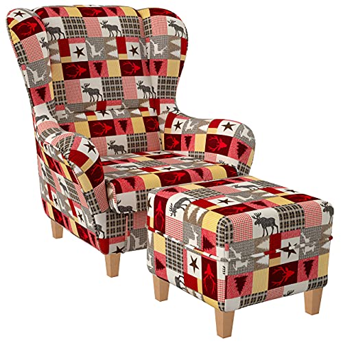Supellex Ohrensessel »Sofia«, Design Schwedisch-Landhaus Patchwork, Elch, Hirsch, rot (Design-Nr.: 5101), wahlweise mit Hocker von Supellex
