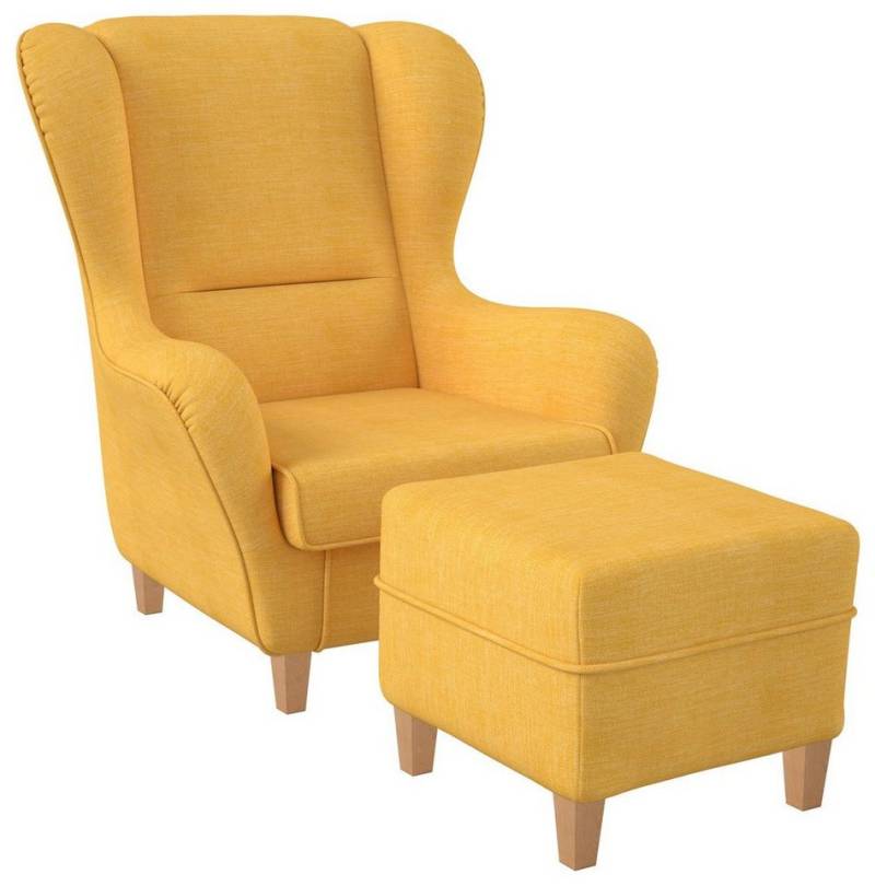 Supellex Ohrensessel Sofia Relaxsessel mit Hocker Design Webstoff Vienna Gelb von Supellex