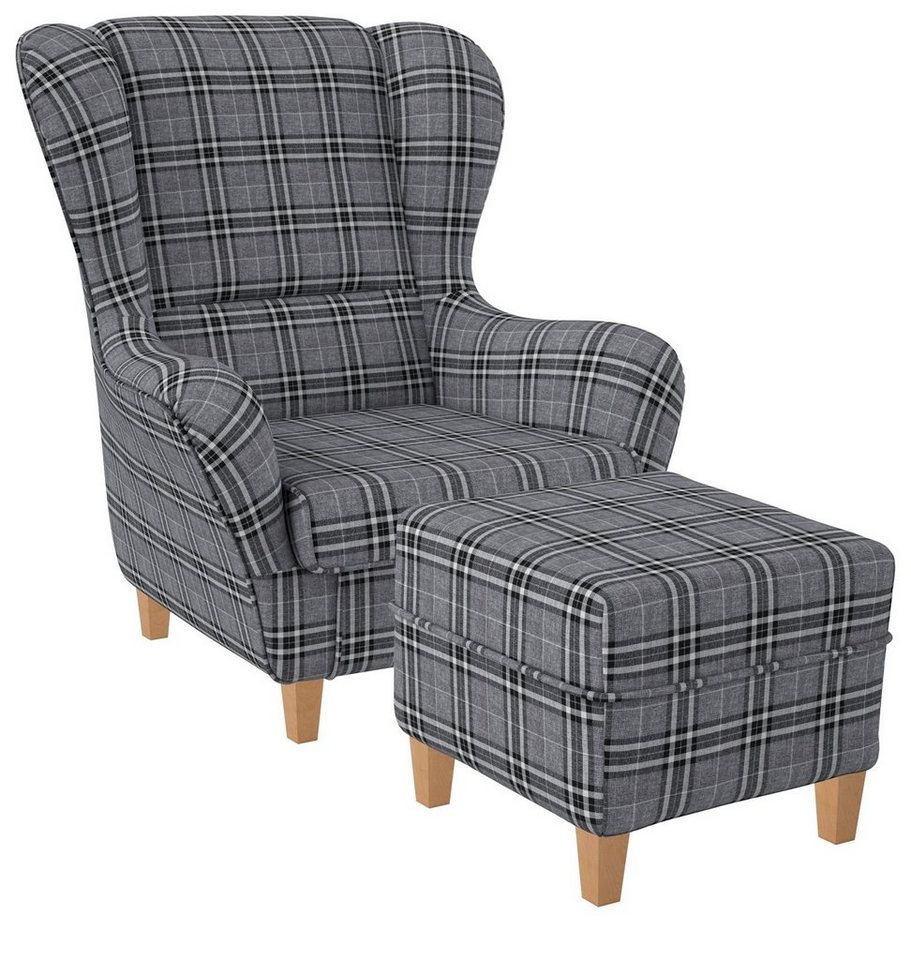 Supellex Ohrensessel Sofia, Relaxsessel mit Hocker, Design Oxford grau von Supellex