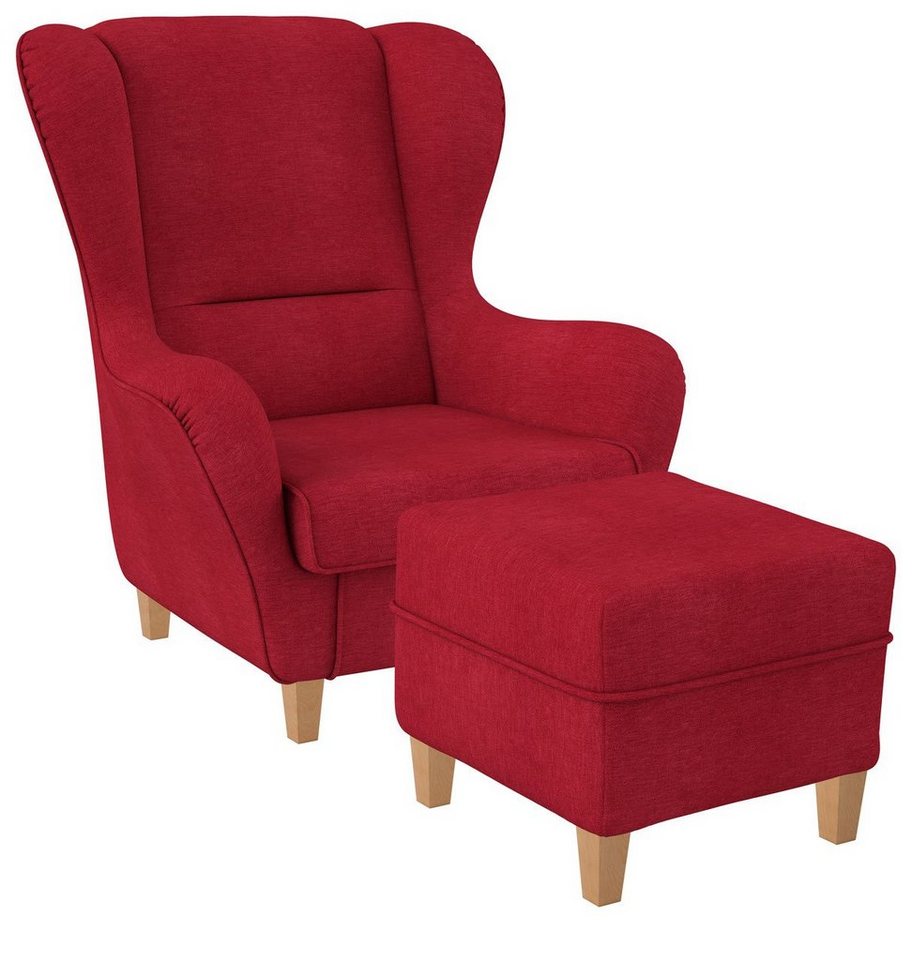 Supellex Ohrensessel Sofia, Relaxsessel mit Hocker, Design Webstoff, Vienna, Rot von Supellex