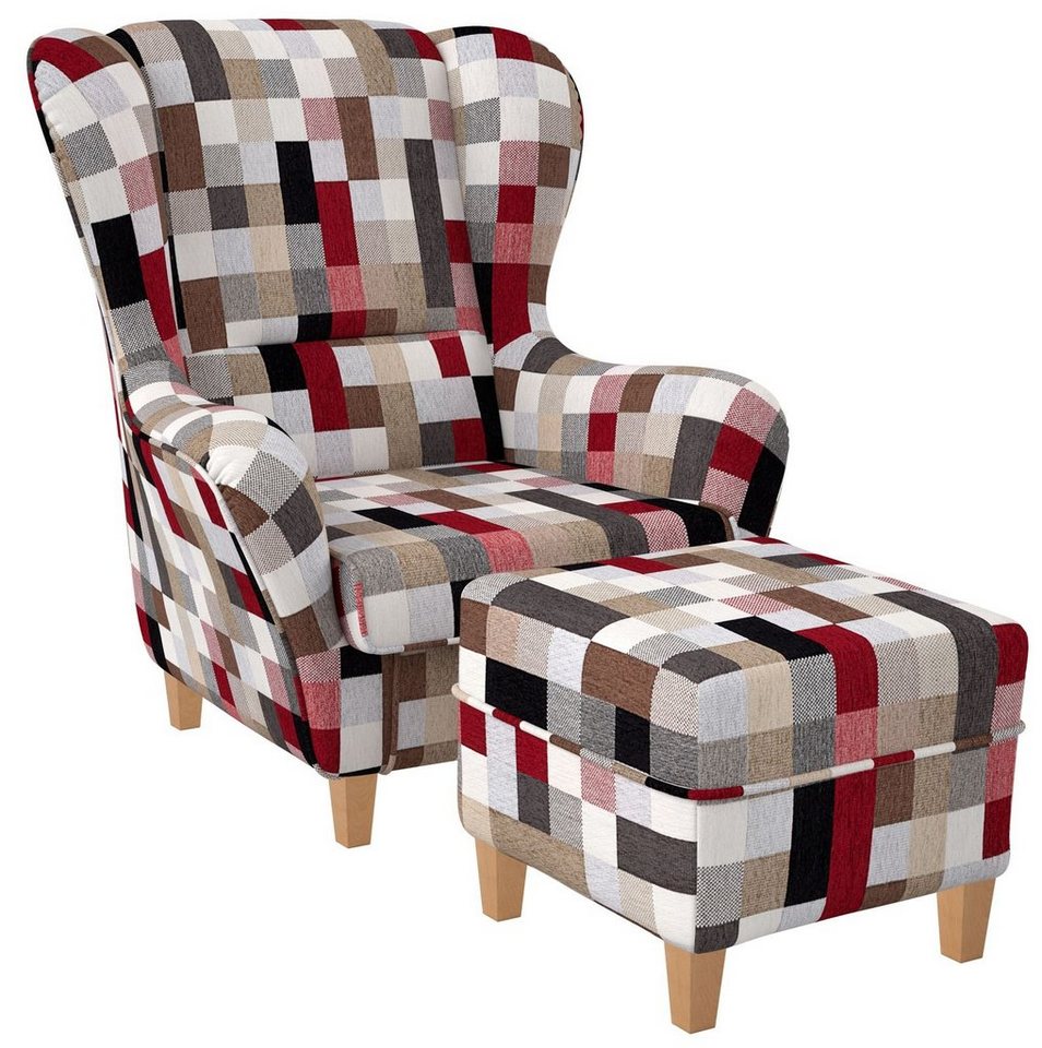 Supellex Ohrensessel Sofia, Relaxsessel mit Hocker, Patchwork kariert bunt gedeckt von Supellex