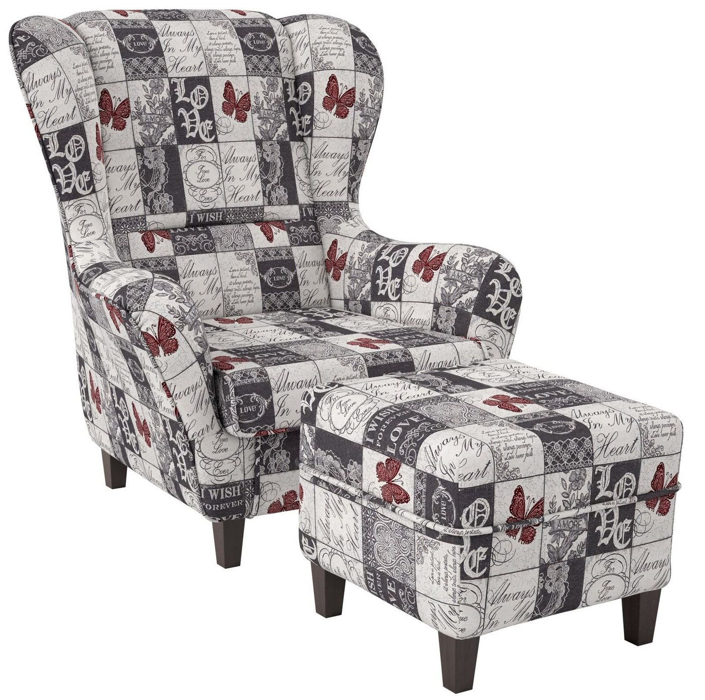 Supellex Ohrensessel Sofia, Relaxsessel mit Hocker, Design Patchwork Love von Supellex