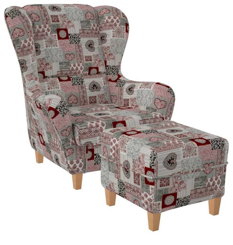 Supellex Ohrensessel Sofia, Relaxsessel mit Hocker, Patchwork Ornamente, Herz Rot von Supellex