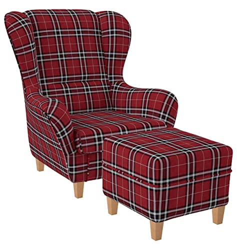 Supellex Sofia Ohrensessel mit Hocker | Design Oxford kariert Rot von Supellex