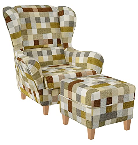 Supellex Sofia Ohrensessel mit Hocker | Design kariert Beige-Ocker von Supellex
