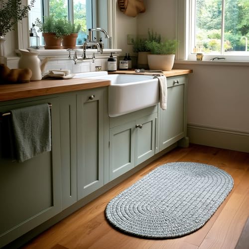 Geflochtener Teppich für Eingangsbereich, Küche, Bad, oval, 60 x 90 cm, Salbeigrün Geflochtener Teppich für Eingangsbereich, Küche, Bad, oval, 60 x 90 cm, Salbeigrün von Super Area Rugs
